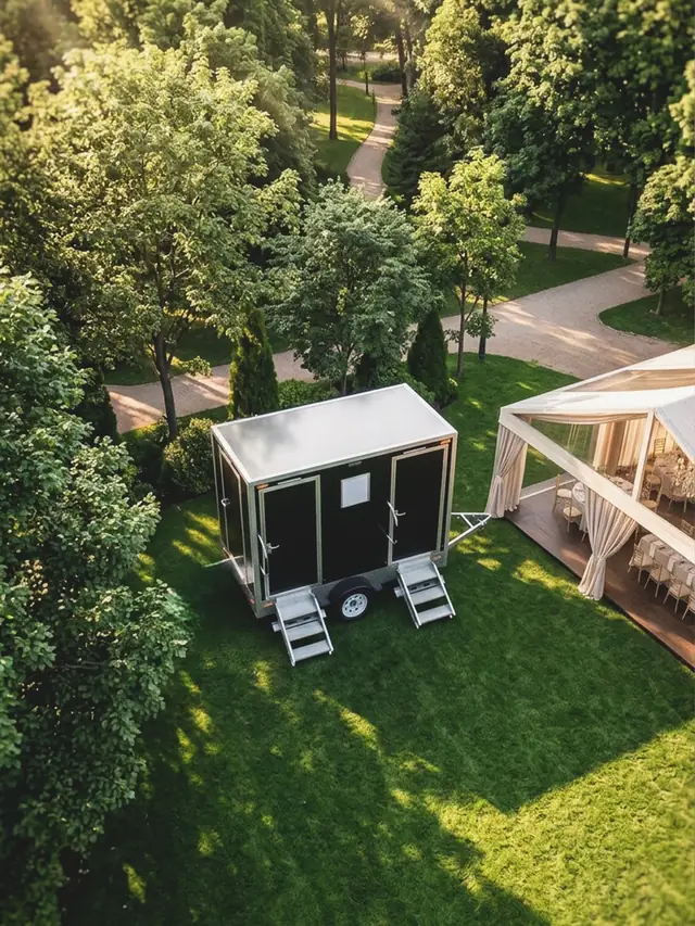 Two-stall restroom trailer parked on a green lawn beside a wedding tent